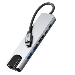 „Tech-Protect HB02“ šakotuvo adapteris 6in1 USB-C + USB2.0 + USB3.0 + HDMI 4K 30Hz + RJ45 + PD100W - pilkas