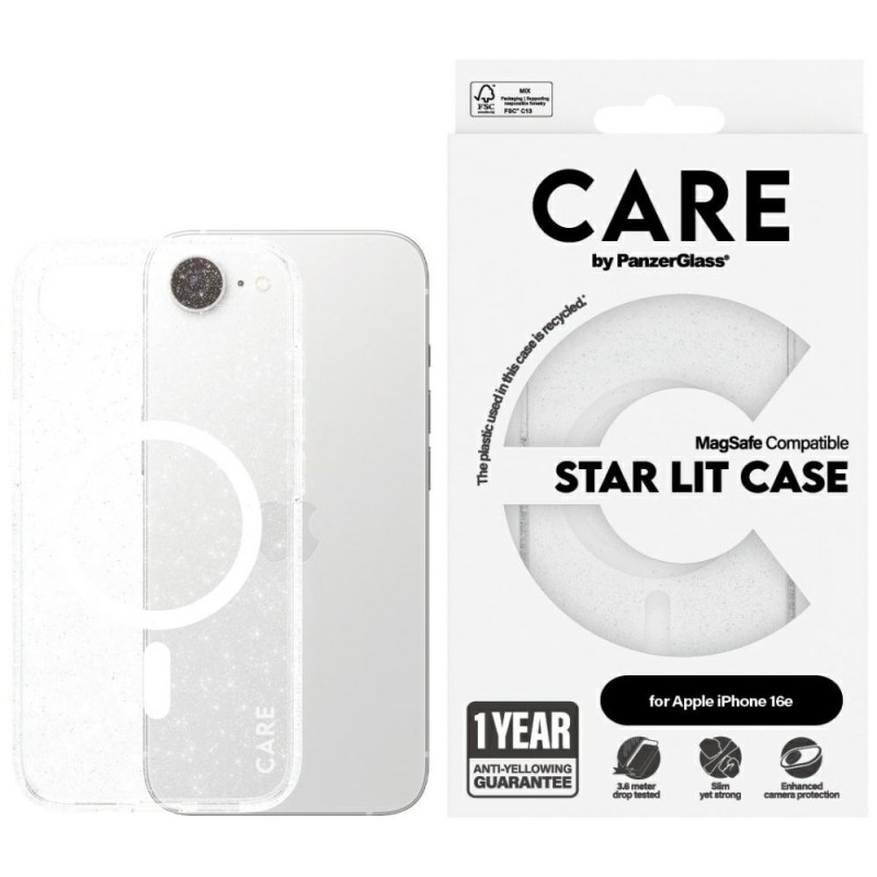 „CARE by PanzerGlass Flagship Urban Combat StarLight White MagSafe iPhone 16e“ dėklas – skaidrus