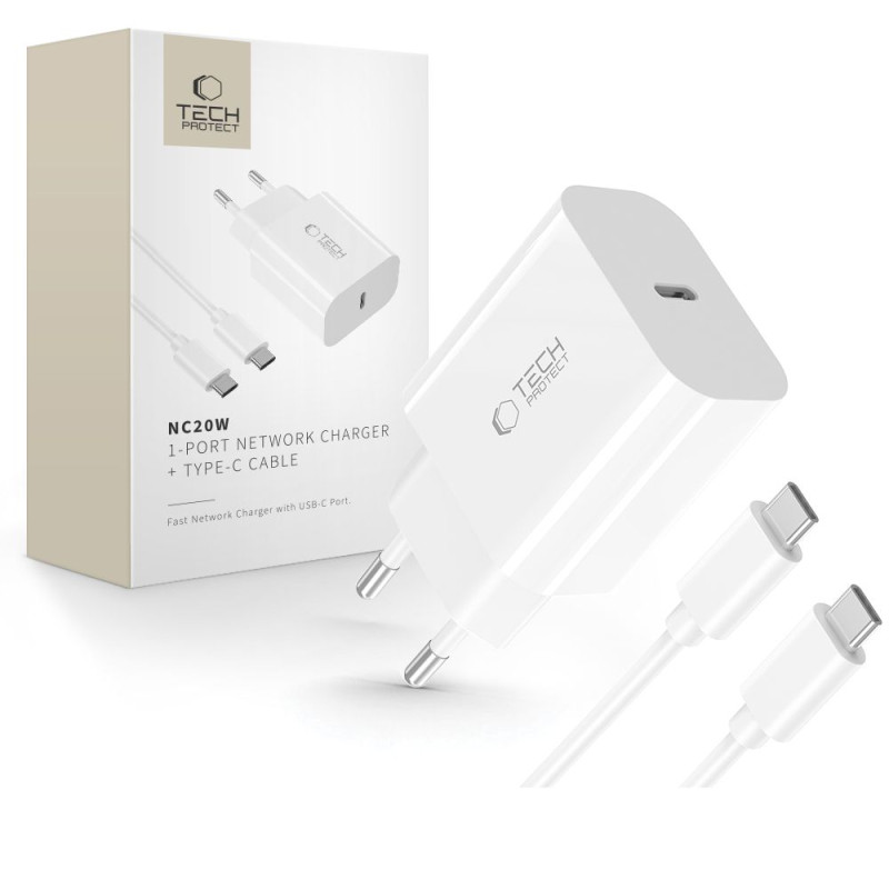 „Tech-Protect NC20W PD20W“ USB-C sieninis įkroviklis su USB-C laidu – baltas