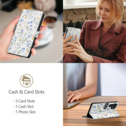 „Tech-Protect“ piniginės dėklas, skirtas „Samsung Galaxy A56 5G“ – baltos ramunės