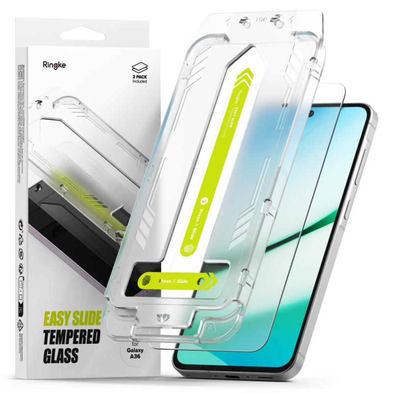 „Ringke Easy Slide“ dviejų grūdintų stiklų pakuotė, skirta „Samsung Galaxy A36 5G“ - skaidri.