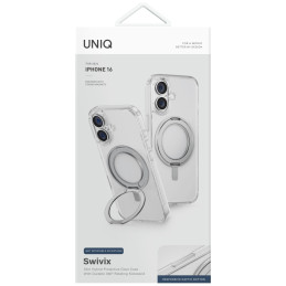 UNIQ Swivix 360° besisukantis dėklas su atrama iPhone 16 telefonui – skaidrus