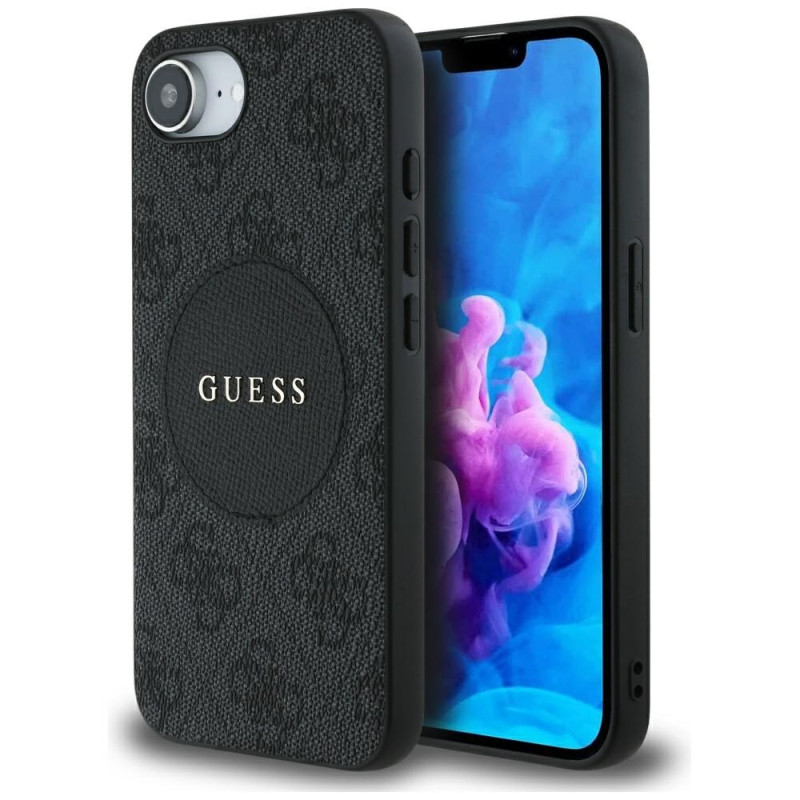„Guess 4G Circle Classic Logo MagSafe“ dėklas, skirtas iPhone 16e – juodas