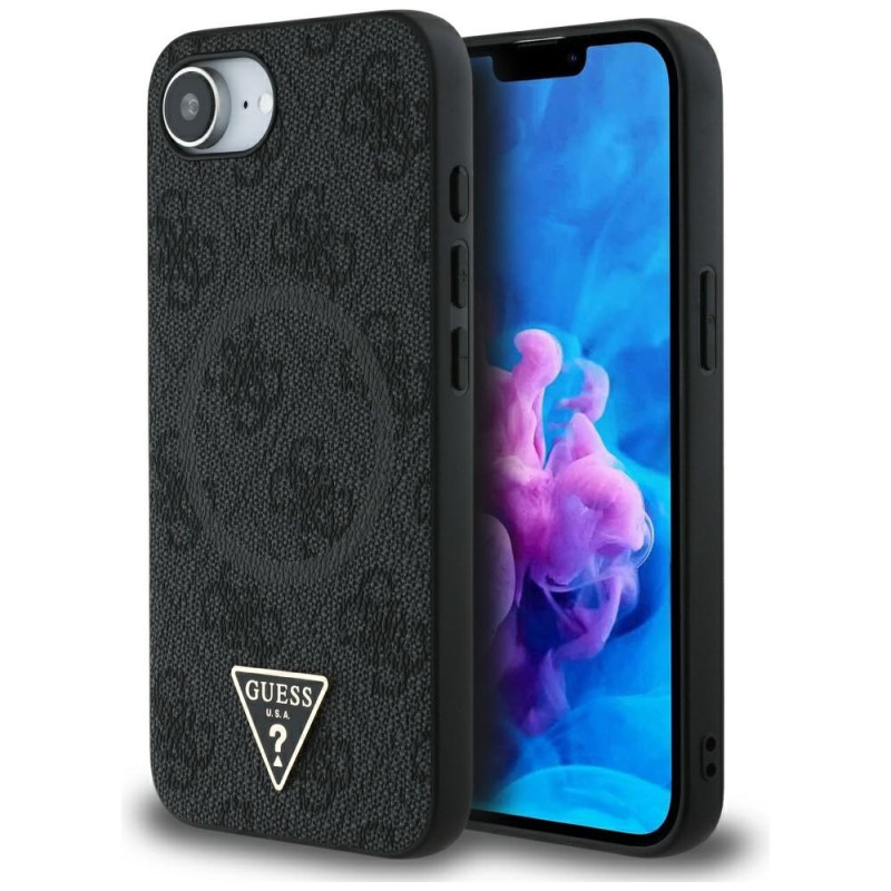 „Guess 4G Ring“ trikampio formos logotipo „MagSafe“ dėklas, skirtas „iPhone 16e“ – juodas