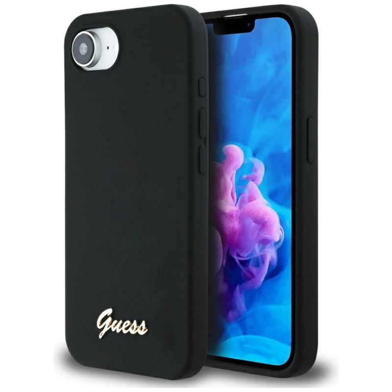 „Guess“ silikoninis metalinis „MagSafe iPhone 16e“ dėklas su užrašu ir logotipu – juodas
