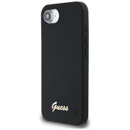 „Guess“ silikoninis metalinis „MagSafe iPhone 16e“ dėklas su užrašu ir logotipu – juodas