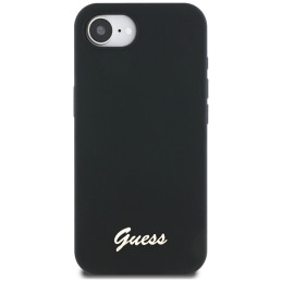 „Guess“ silikoninis metalinis „MagSafe iPhone 16e“ dėklas su užrašu ir logotipu – juodas