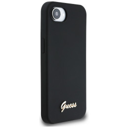 „Guess“ silikoninis metalinis „MagSafe iPhone 16e“ dėklas su užrašu ir logotipu – juodas