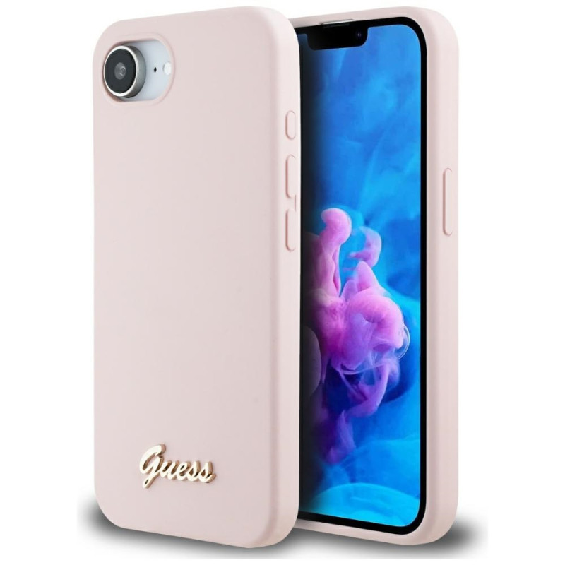 „Guess“ silikoninis metalinis „MagSafe iPhone 16e“ dėklas su užrašu ir logotipu – rožinis