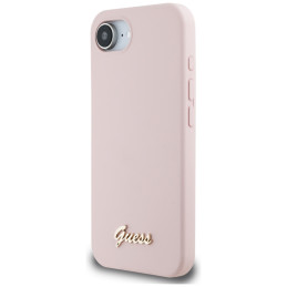„Guess“ silikoninis metalinis „MagSafe iPhone 16e“ dėklas su užrašu ir logotipu – rožinis