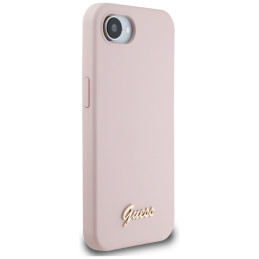 „Guess“ silikoninis metalinis „MagSafe iPhone 16e“ dėklas su užrašu ir logotipu – rožinis