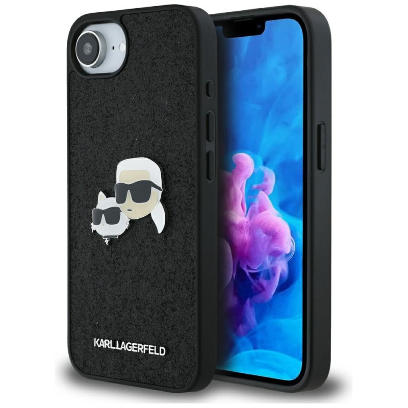 Karl Lagerfeld iPhone 16e dėklas su fiksuotais blizgučiais ir metaliniais smeigtukais – juodas