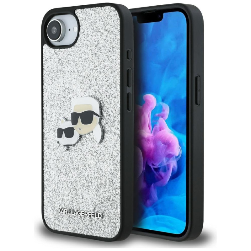 „Karl Lagerfeld“ fiksuoto blizgučių „Ikonik Metal Pin“ dėklas, skirtas „iPhone 16e“ – sidabrinis