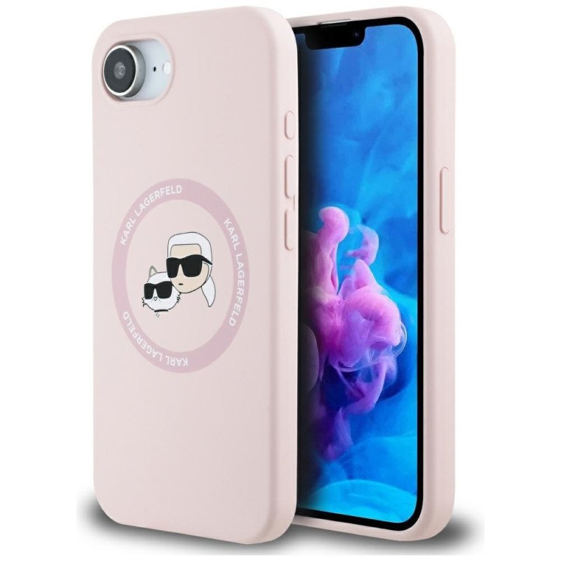 Karl Lagerfeld silikoninis „Karl&Choupette Heads“ „MagSafe iPhone 16e“ dėklas – rožinis