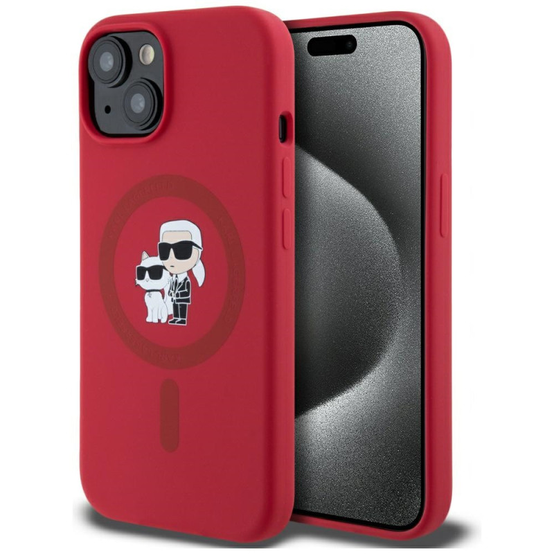Karl Lagerfeld silikoninis „Karl&Choupette Heads Ring MagSafe iPhone 15“ dėklas – raudonas