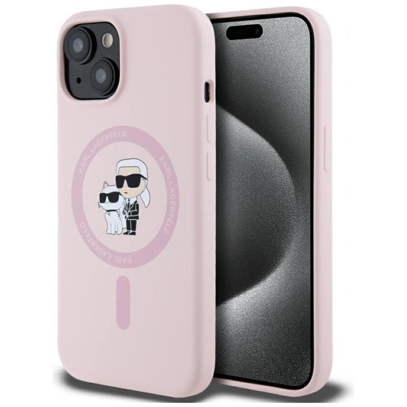 „Karl Lagerfeld“ silikoninis „Karl&Choupette MagSafe iPhone 15 Plus“ dėklas – rožinis