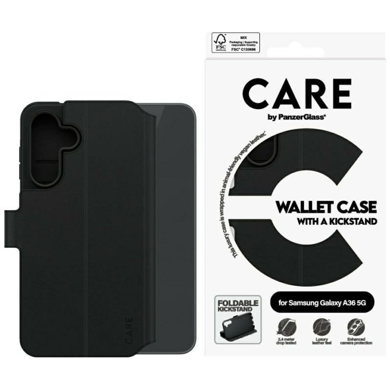 „CARE by PanzerGlass“ dėklas su pinigine ir atrama, skirtas „Samsung Galaxy A36 5G“ – juodas