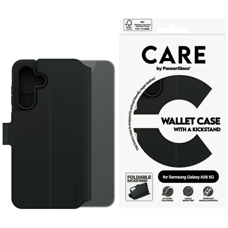 „CARE by PanzerGlass“ dėklas su pinigine ir atrama, skirtas „Samsung Galaxy A56 5G“ – juodas