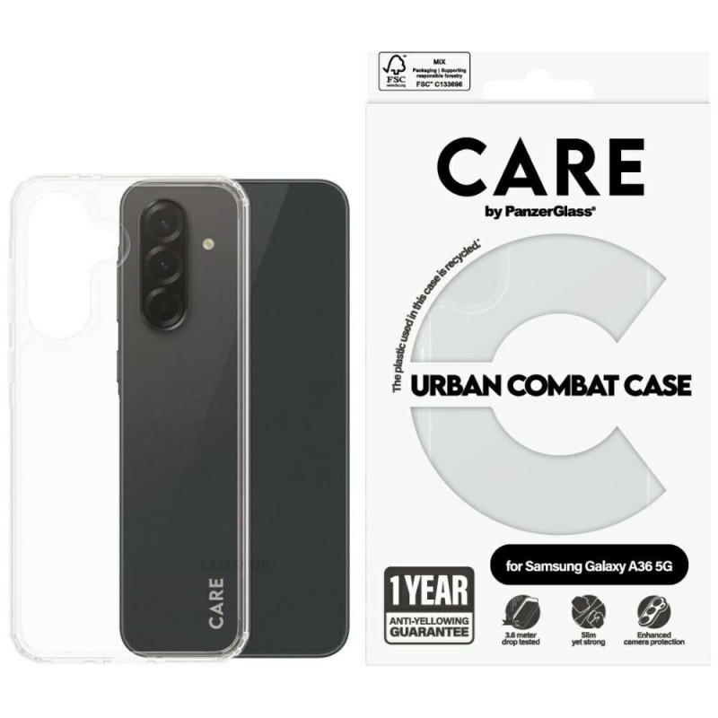 „CARE by PanzerGlass“ flagmaninis „Urban Combat“ dėklas, skirtas „Samsung Galaxy A36 5G“ – skaidrus