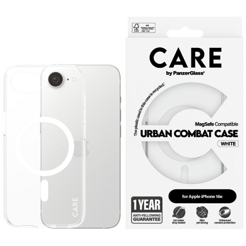 „CARE by PanzerGlass Flagship Urban Combat“ baltas „MagSafe iPhone 16e“ dėklas – skaidrus