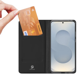 „Dux Ducis Skin Pro“ dėklas, skirtas „Samsung Galaxy S25 Edge“ su atlenkimu ir kortelių lizdu – juodas