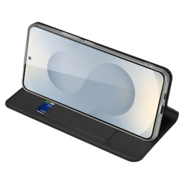 „Dux Ducis Skin Pro“ dėklas, skirtas „Samsung Galaxy S25 Edge“ su atlenkimu ir kortelių lizdu – juodas