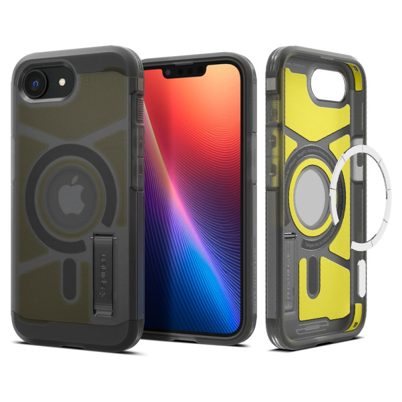 „Spigen Tough Armor MagSafe iPhone 16e“ dėklas – skaidriai pilkas