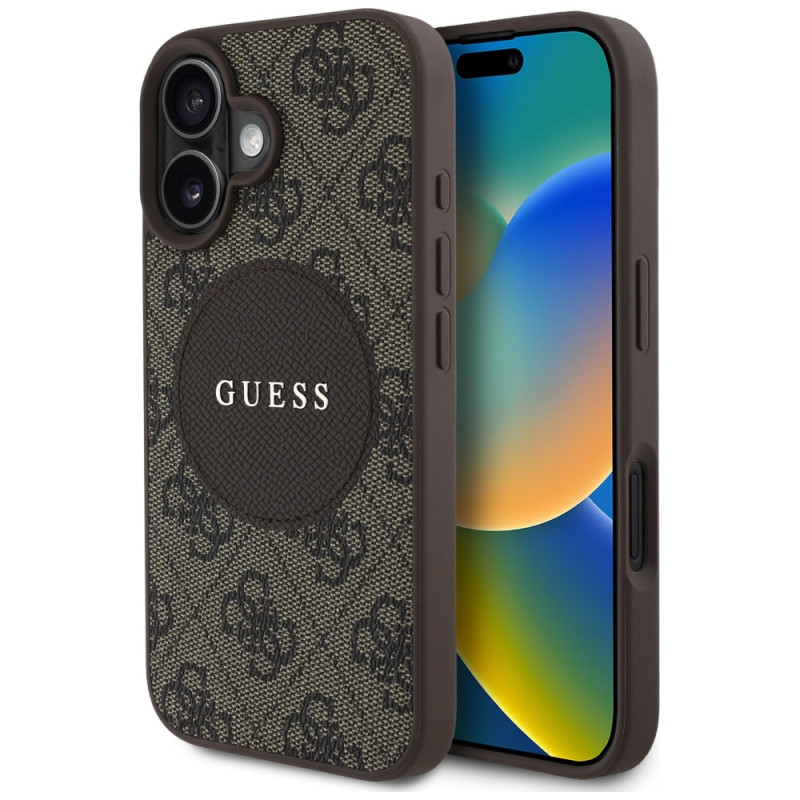 „Guess 4G Circle Classic Logo MagSafe“ dėklas, skirtas iPhone 16 – rudas