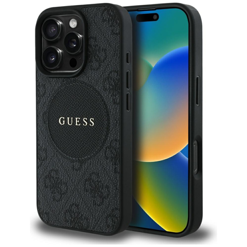 „Guess 4G Circle Classic Logo MagSafe“ dėklas, skirtas „iPhone 16 Pro“ – juodas