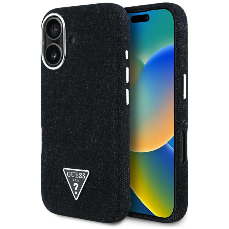 „Guess“ džinsinio audinio trikampio logotipo „MagSafe“ dėklas, skirtas „iPhone 16“ – juodas