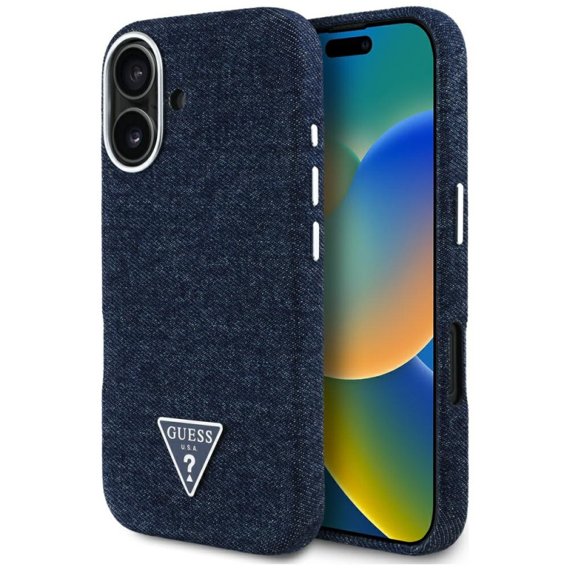 „Guess“ džinsinis trikampio logotipo „MagSafe iPhone 16“ dėklas – mėlynas