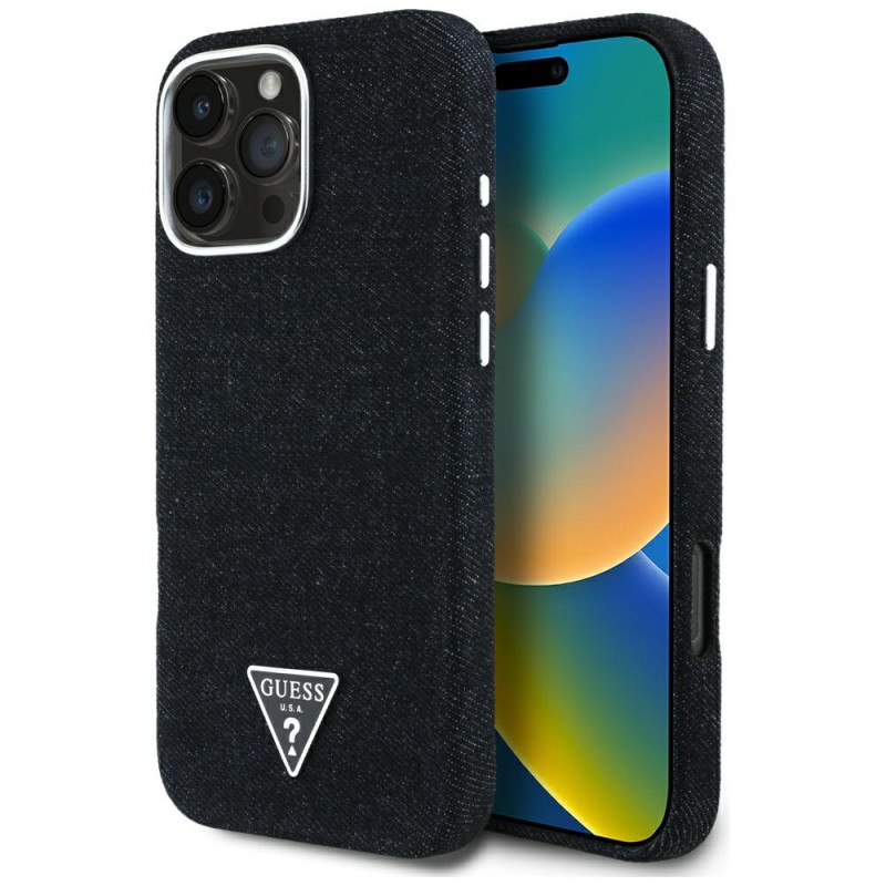 „Guess“ džinsinio audinio trikampio logotipo „MagSafe“ dėklas, skirtas „iPhone 16 Pro“ – juodas