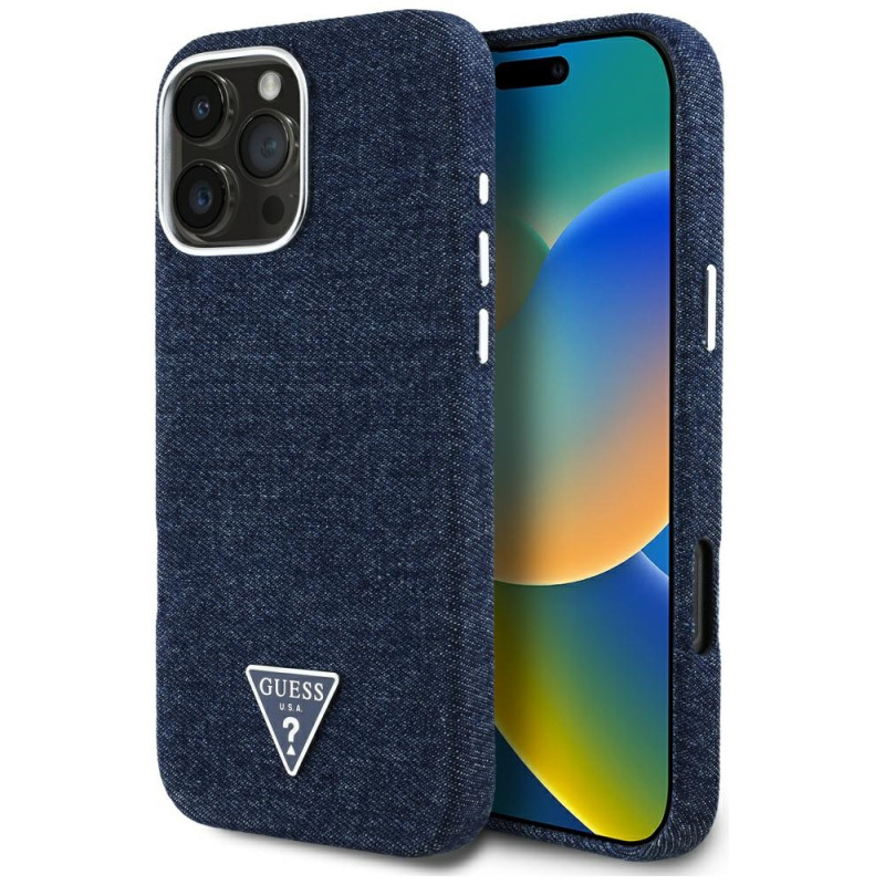 „Guess“ džinsinis trikampio logotipo „MagSafe iPhone 16 Pro Max“ dėklas – mėlynas