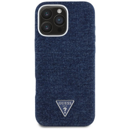 „Guess“ džinsinis trikampio logotipo „MagSafe iPhone 16 Pro“ dėklas – mėlynas
