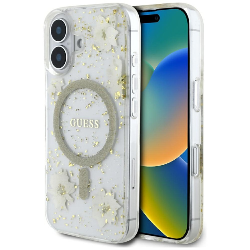 „Guess“ blizgučiais puoštas „MagSafe iPhone 16“ dėklas su dervos gėlėmis – smėlio spalvos