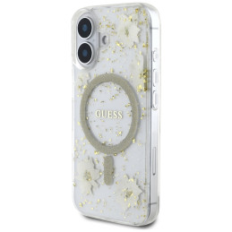„Guess“ blizgučiais puoštas „MagSafe iPhone 16“ dėklas su dervos gėlėmis – smėlio spalvos