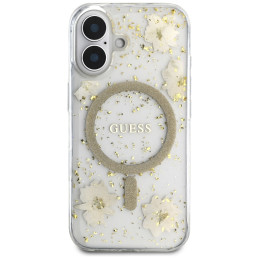 „Guess“ blizgučiais puoštas „MagSafe iPhone 16“ dėklas su dervos gėlėmis – smėlio spalvos