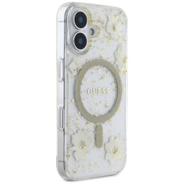 „Guess“ blizgučiais puoštas „MagSafe iPhone 16“ dėklas su dervos gėlėmis – smėlio spalvos