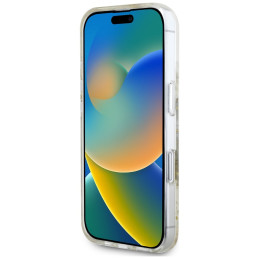 „Guess“ blizgučiais puoštas „MagSafe iPhone 16“ dėklas su dervos gėlėmis – smėlio spalvos