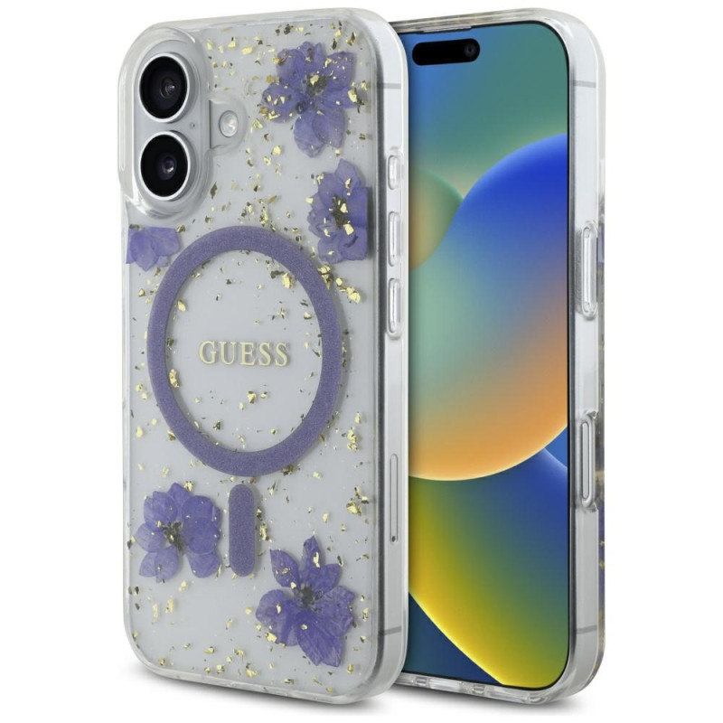 „Guess“ blizgučiais puoštas „MagSafe“ dėklas, skirtas „iPhone 16“ – violetinis