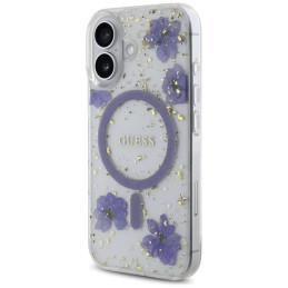 „Guess“ blizgučiais puoštas „MagSafe“ dėklas, skirtas „iPhone 16“ – violetinis