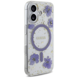 „Guess“ blizgučiais puoštas „MagSafe“ dėklas, skirtas „iPhone 16“ – violetinis