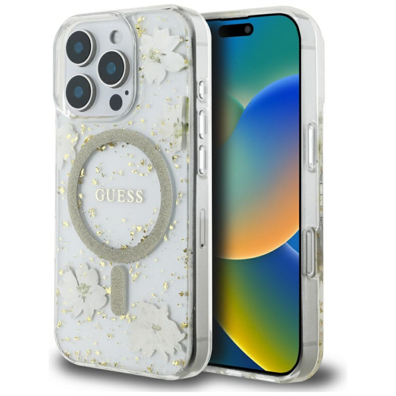 „Guess“ „MagSafe iPhone 16 Pro Max“ dėklas su blizgučiais ir „Resin Flowers“ – smėlio spalvos