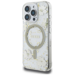 „Guess“ „MagSafe iPhone 16 Pro Max“ dėklas su blizgučiais ir „Resin Flowers“ – smėlio spalvos