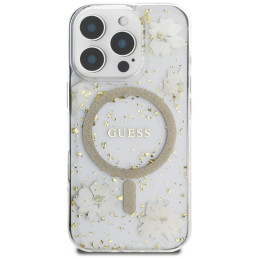 „Guess“ „MagSafe iPhone 16 Pro Max“ dėklas su blizgučiais ir „Resin Flowers“ – smėlio spalvos