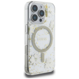 „Guess“ „MagSafe iPhone 16 Pro Max“ dėklas su blizgučiais ir „Resin Flowers“ – smėlio spalvos