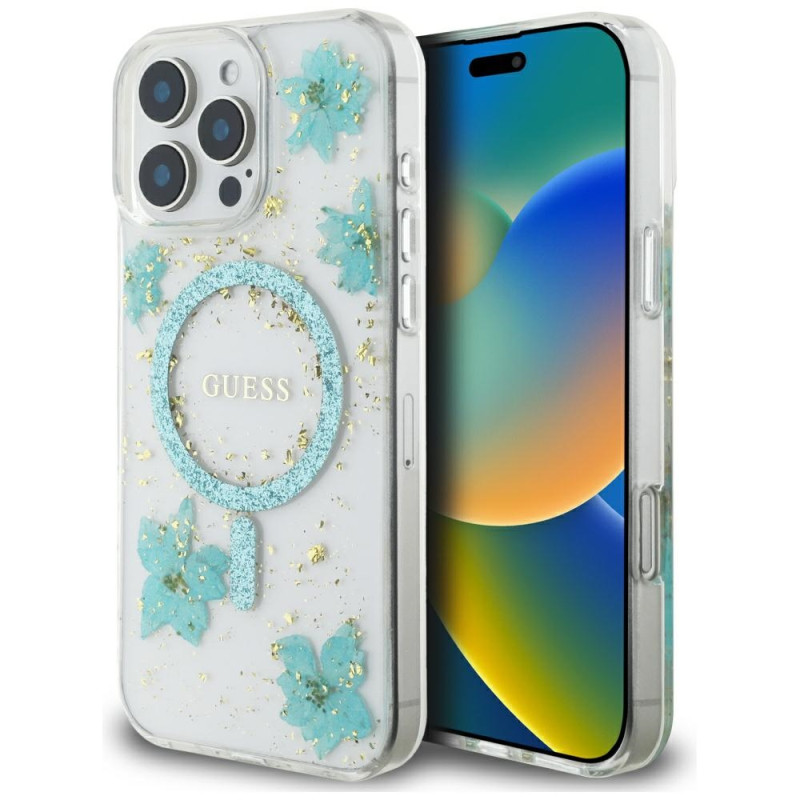 „Guess“ „MagSafe iPhone 16 Pro Max“ dėklas su blizgučiais ir „Resin Flowers“ – skaidriai žalias
