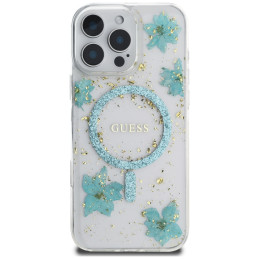 „Guess“ „MagSafe iPhone 16 Pro Max“ dėklas su blizgučiais ir „Resin Flowers“ – skaidriai žalias