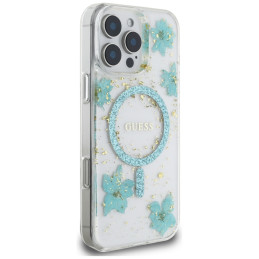 „Guess“ „MagSafe iPhone 16 Pro Max“ dėklas su blizgučiais ir „Resin Flowers“ – skaidriai žalias