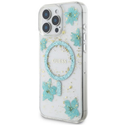 „Guess“ blizgučiais puoštas „MagSafe iPhone 16 Pro“ dėklas su blizgučiais ir „Resin Flowers“ – skaidriai žalias